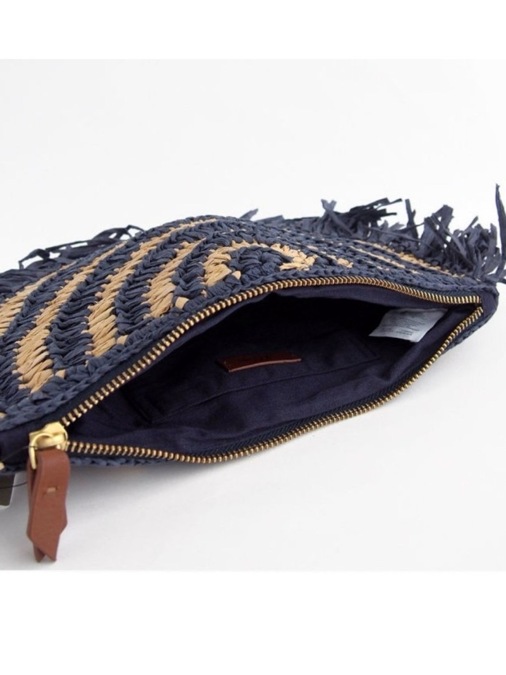 J. Crew Navy & Natural Woven Fringe Half-Moon Clutch - Picture 2 of 5